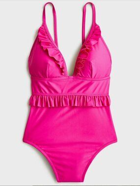 J. Crew Fuchsia Ruffle Deep V Plunge One Piece Swimsuit- Brand New w/tags + Line